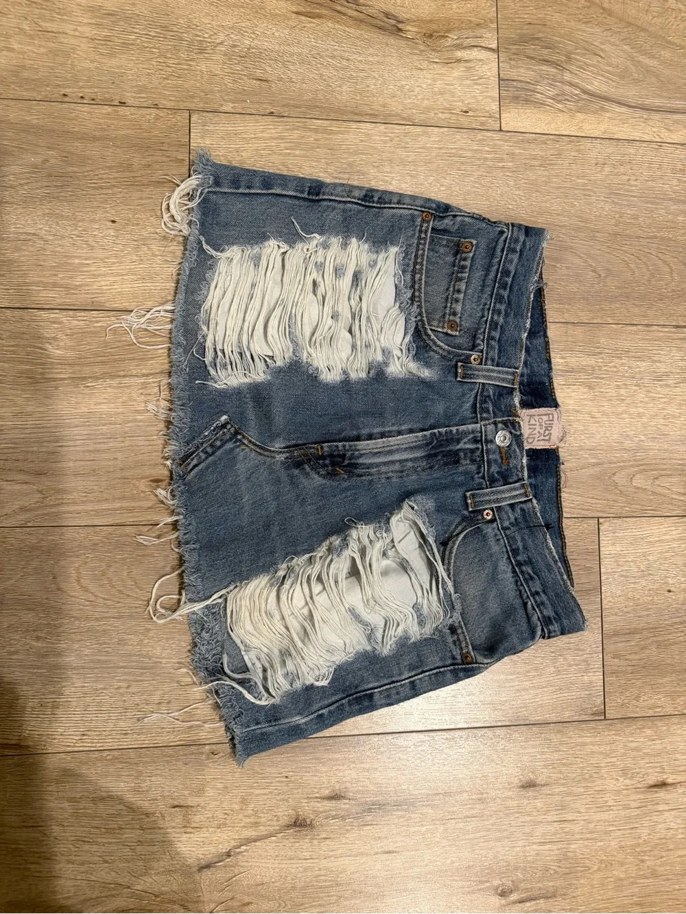 Ripped High-Rise Denim Mini Shorts - Blue